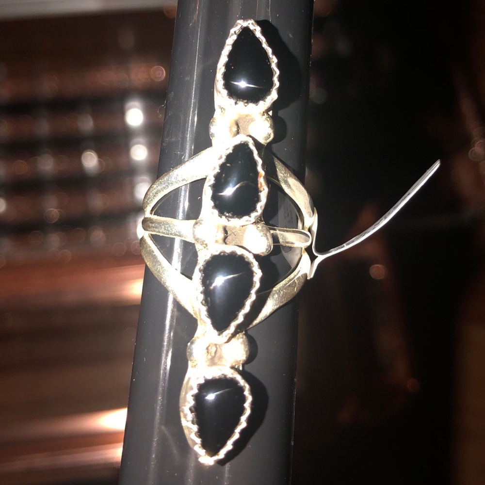 M&S Mini Black Onyx 4 sterling silver stacker